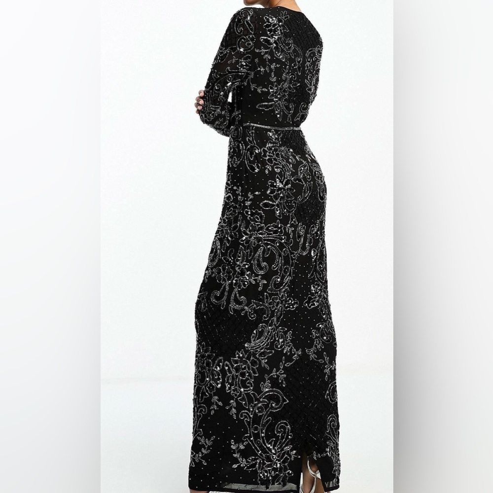 ASOS DESIGN embellished long sleeve maxi dress with floral detail in black.